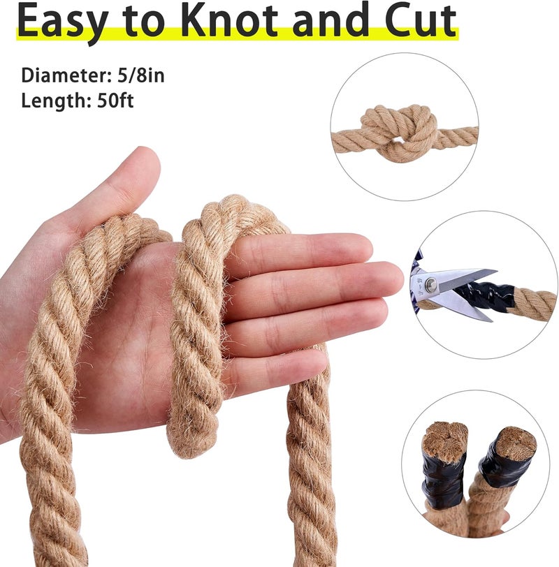 MKMJ حبل جوت طبيعي، 5/8 بوصة × 50 قدم - ثقيل، أرجوحة، سحب حبل، بحري وحبل أرجوحة - Image 4